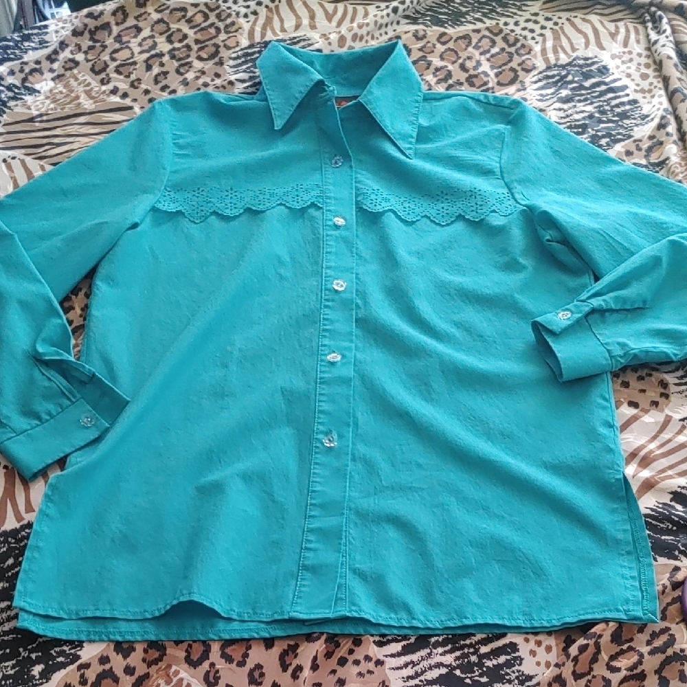 Mr. Max Teal Button-Up Shirt with Scalloped Detail Sz Sm